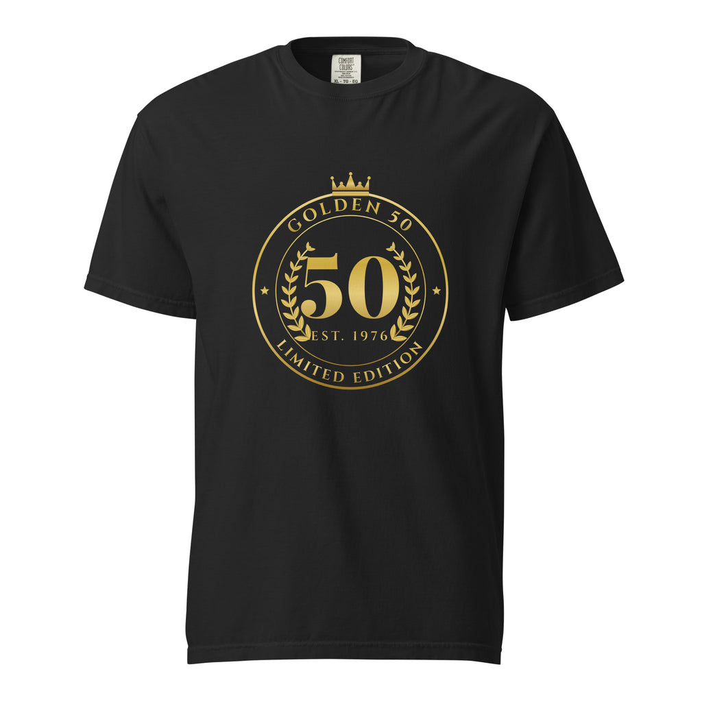 Black heavyweight 50th birthday tee with a gold Golden 50 Limited Edition Est. 1976 badge, front view
