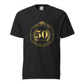 Black heavyweight 50th birthday tee with a gold Golden 50 Limited Edition Est. 1976 badge, front view