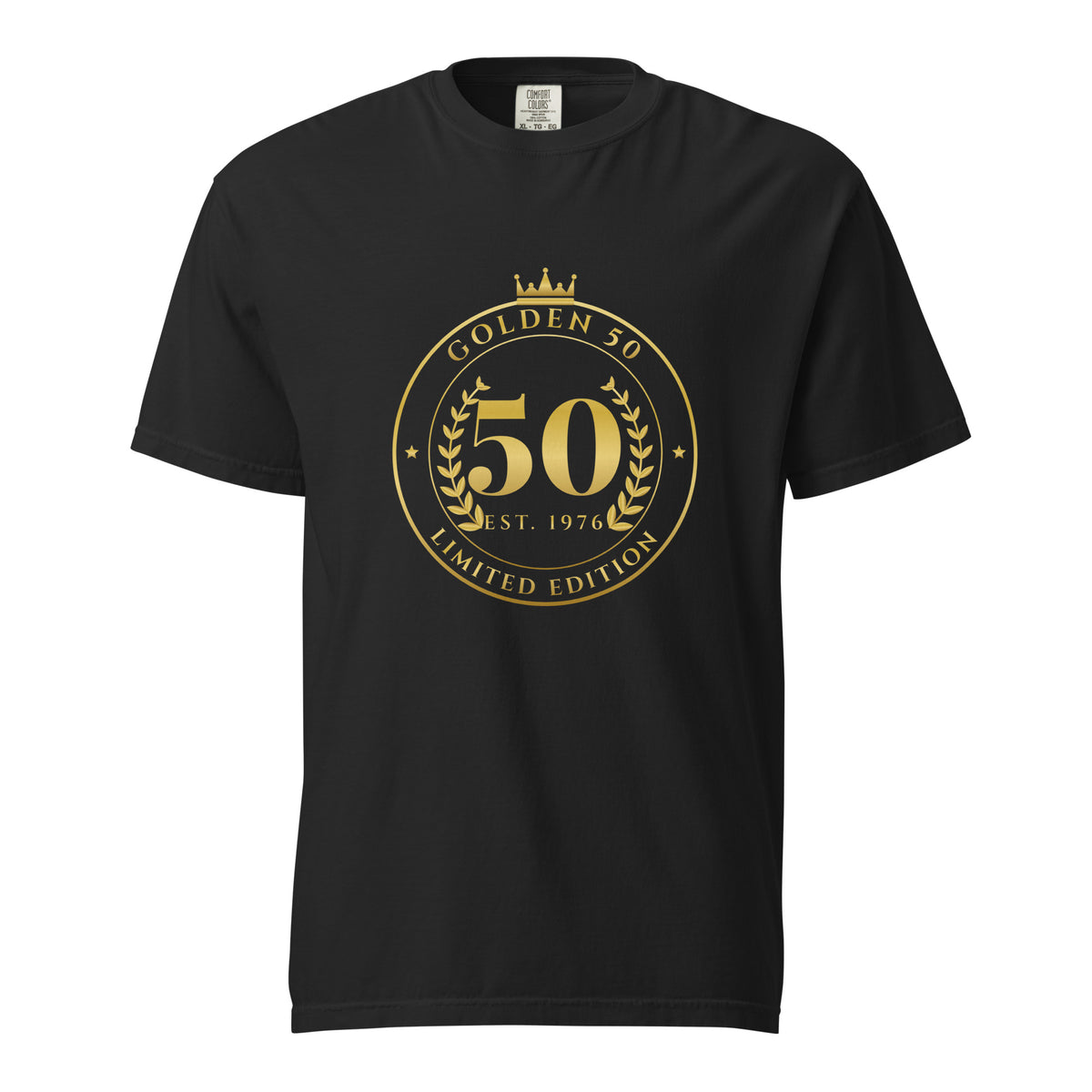 Black heavyweight 50th birthday tee with a gold Golden 50 Limited Edition Est. 1976 badge, front view
