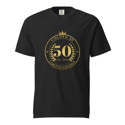 Black heavyweight 50th birthday tee with a gold Golden 50 Limited Edition Est. 1976 badge, front view