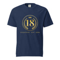 Navy heavyweight 18th birthday tee with a gold crest, laurel wreath, crown and Eighteen Est. 2008, front view