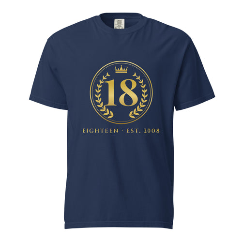 Navy heavyweight 18th birthday tee with a gold crest, laurel wreath, crown and Eighteen Est. 2008, front view