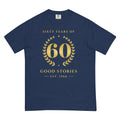 Front of the Sixty Years of Good Stories 60th birthday tee: a gold laurel wreath around a big 60, with Good Stories and Est. 1966 underneath, on a True Navy Heavyweight Premium Tee