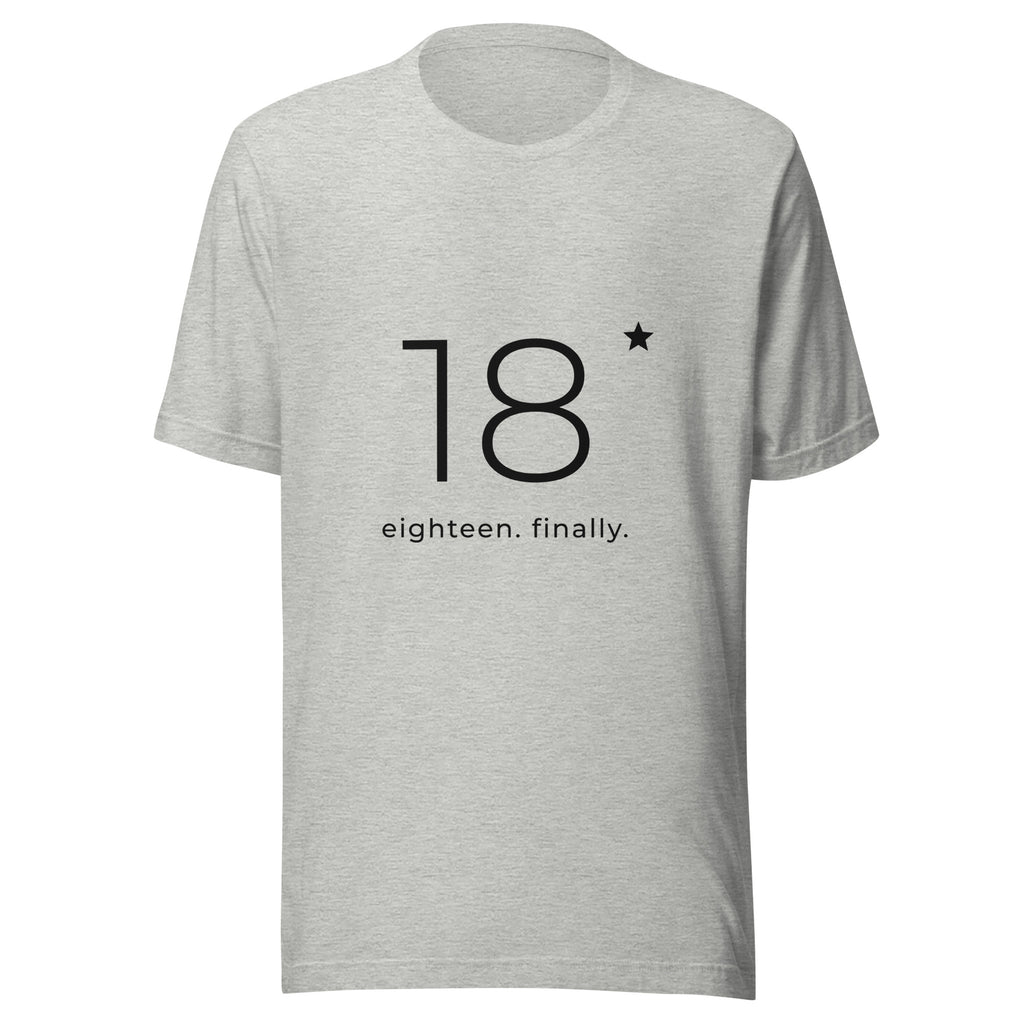 Heather grey 18th birthday tee with a large minimalist 18 and the words eighteen. finally., front view