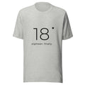 Heather grey 18th birthday tee with a large minimalist 18 and the words eighteen. finally., front view