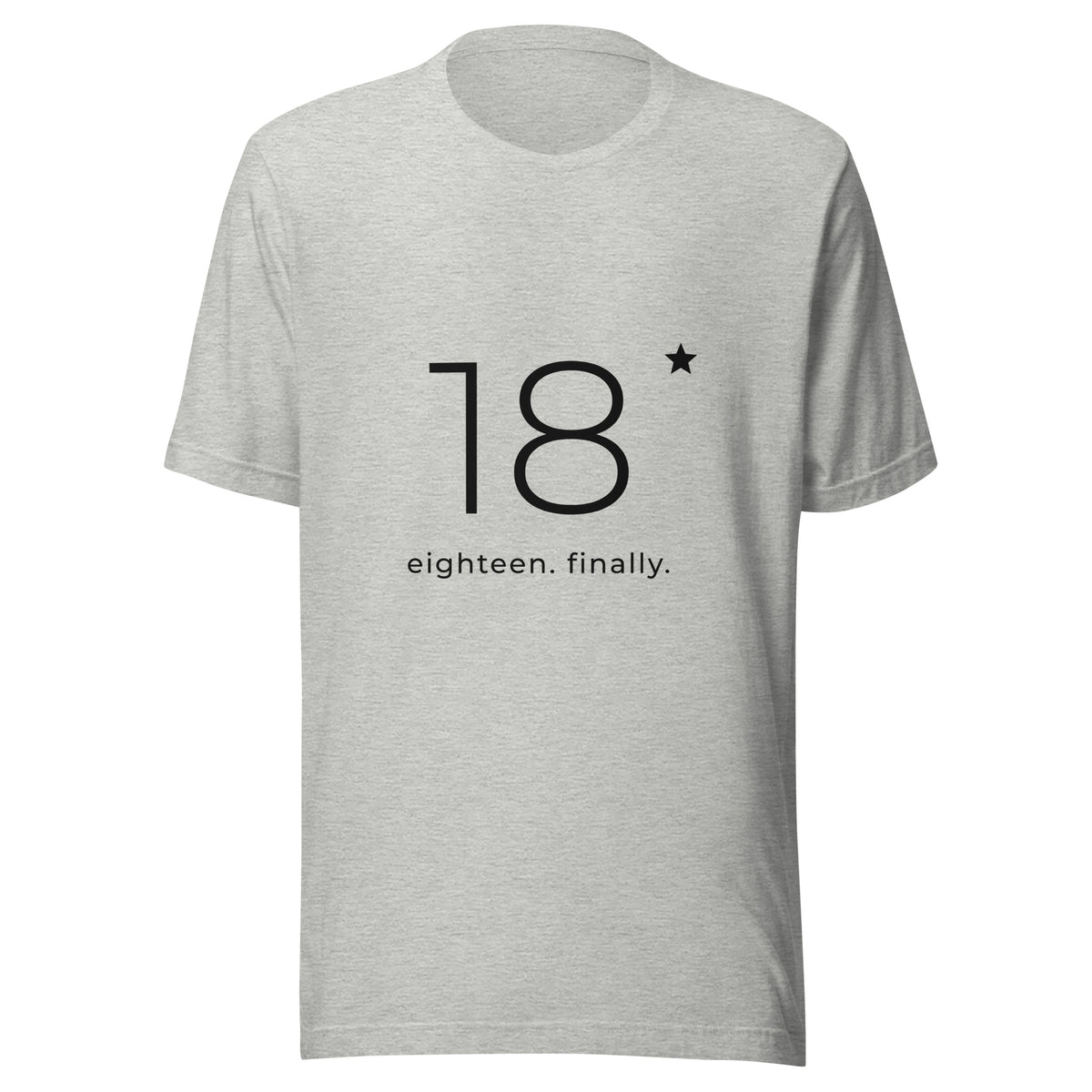 Heather grey 18th birthday tee with a large minimalist 18 and the words eighteen. finally., front view
