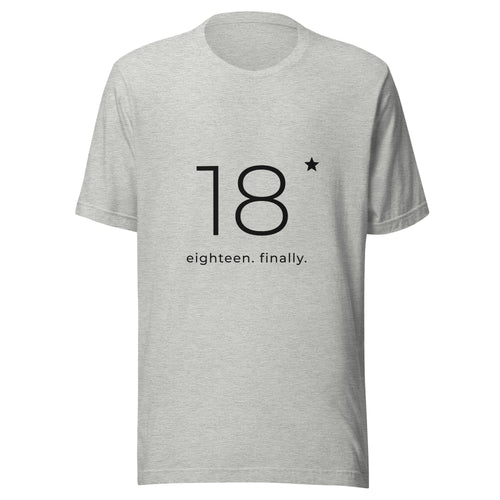 Heather grey 18th birthday tee with a large minimalist 18 and the words eighteen. finally., front view