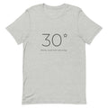 Front of the Thirty and Still Shining 30th birthday tee: a large fine line 30 with a small star and the words thirty and still shining, on a heather grey Classic Soft Tee