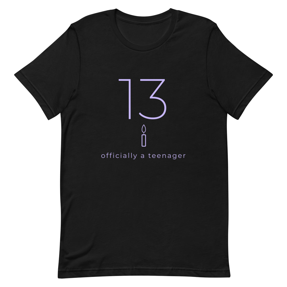 Black tee with a large thin lilac 13, a small line candle and the words officially a teenager below
