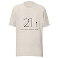 Heather Dust t shirt with a large thin charcoal 21, a single candle and the words officially twenty one underneath