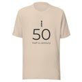 Soft cream 50th birthday tee with a minimalist 50, a candle and the words half a century, front view