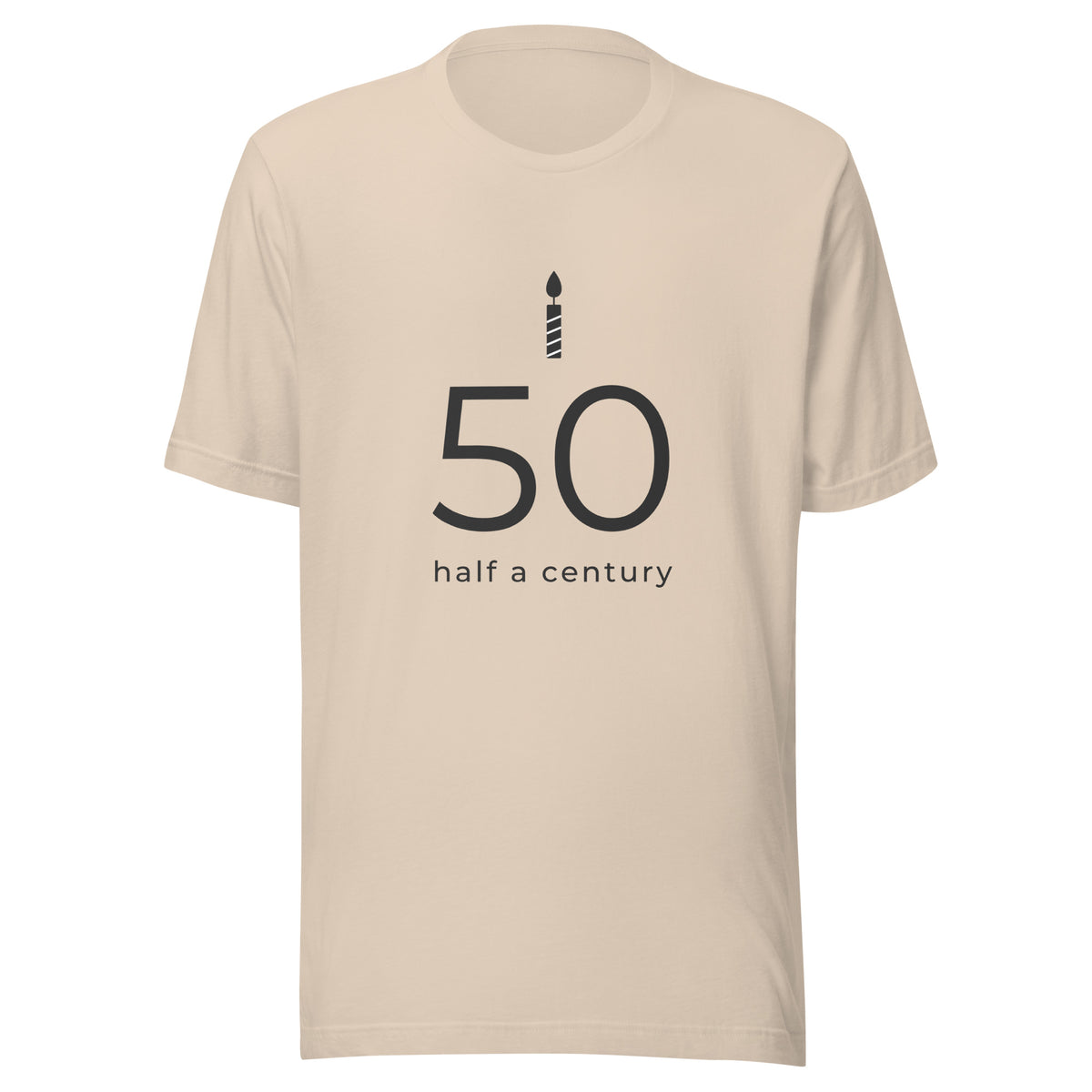 Soft cream 50th birthday tee with a minimalist 50, a candle and the words half a century, front view